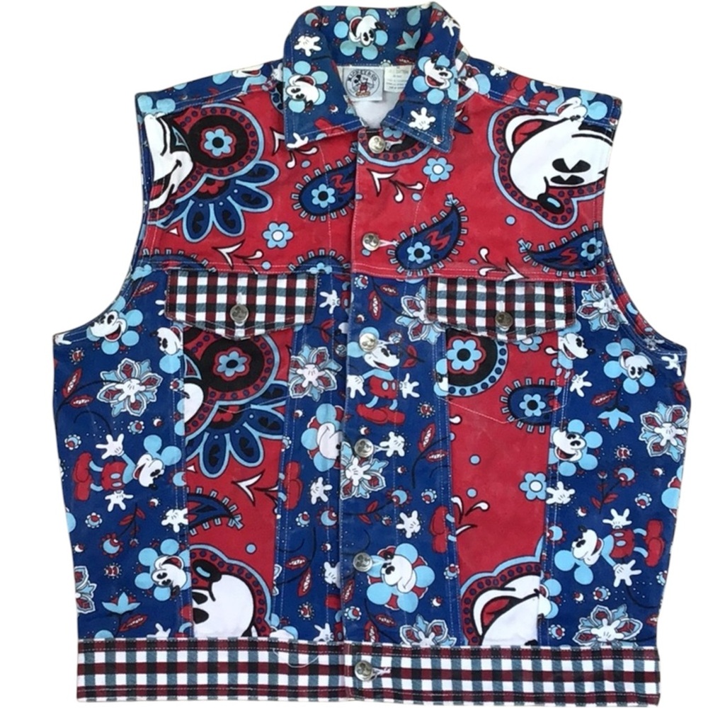Vintage Mickey Mouse Paisley Plaid Patchwork 100% Cotton Denim‎ Button Top Vest